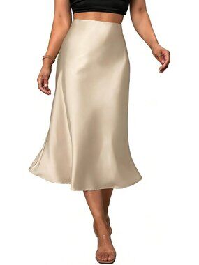 Elegant Satin Midi Skirt | Fishtail A-Line Silk Skirt for Work, Party, Wedding